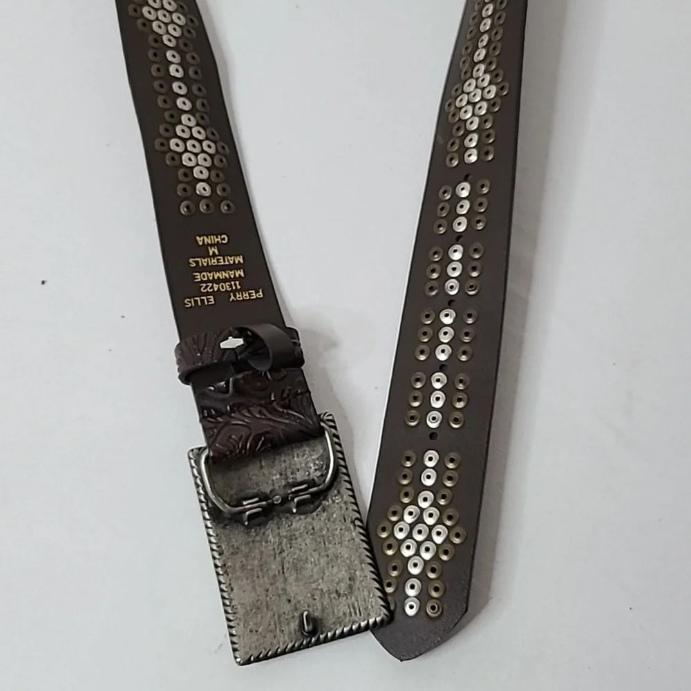 Vintage Y2K Perry Ellis Western Belt Embellished Scroll Design Faux Leather Brwn